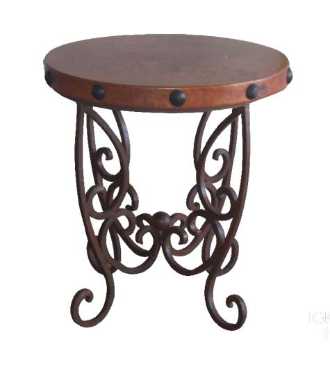 Rustic style copper table with thick square wrought iron scrolled base in rust finish and hammered copper top with nail head accent.