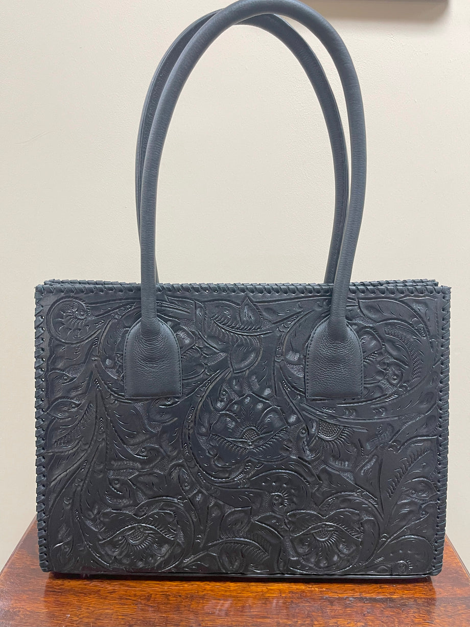 Juan Antonio Black Floral Embossed Leather Tote