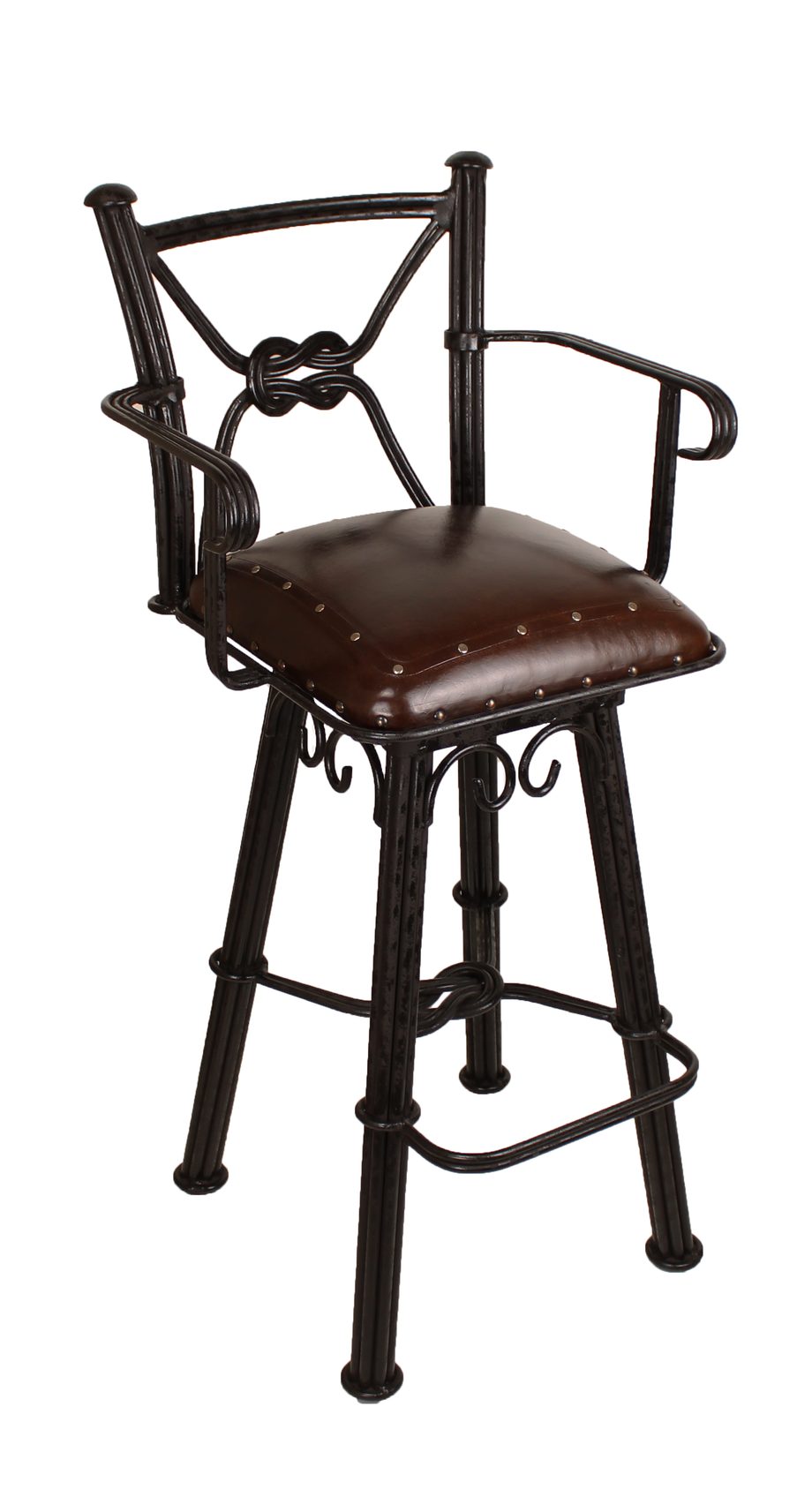 Western Iron Armed Barstools Plain with Tacks Antique Brown Set