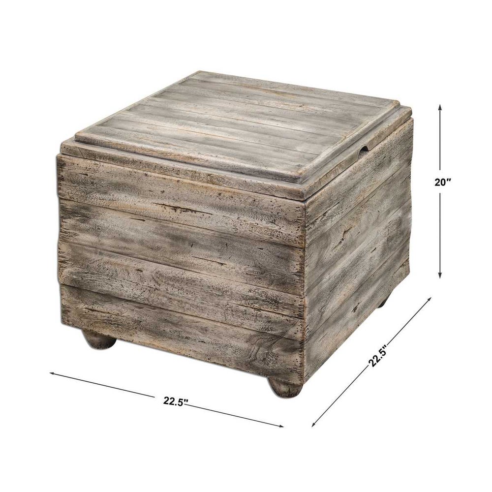 Measurements of stylish driftwood-finished table with a removable top that doubles as a serving tray, crafted from sustainable materials.