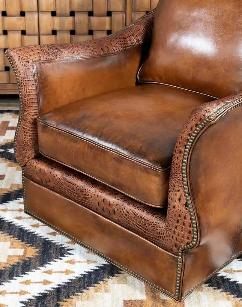 Close-up of the down-filled seat cushion on the Allie Calexico Swivel Glider for ultimate comfort.