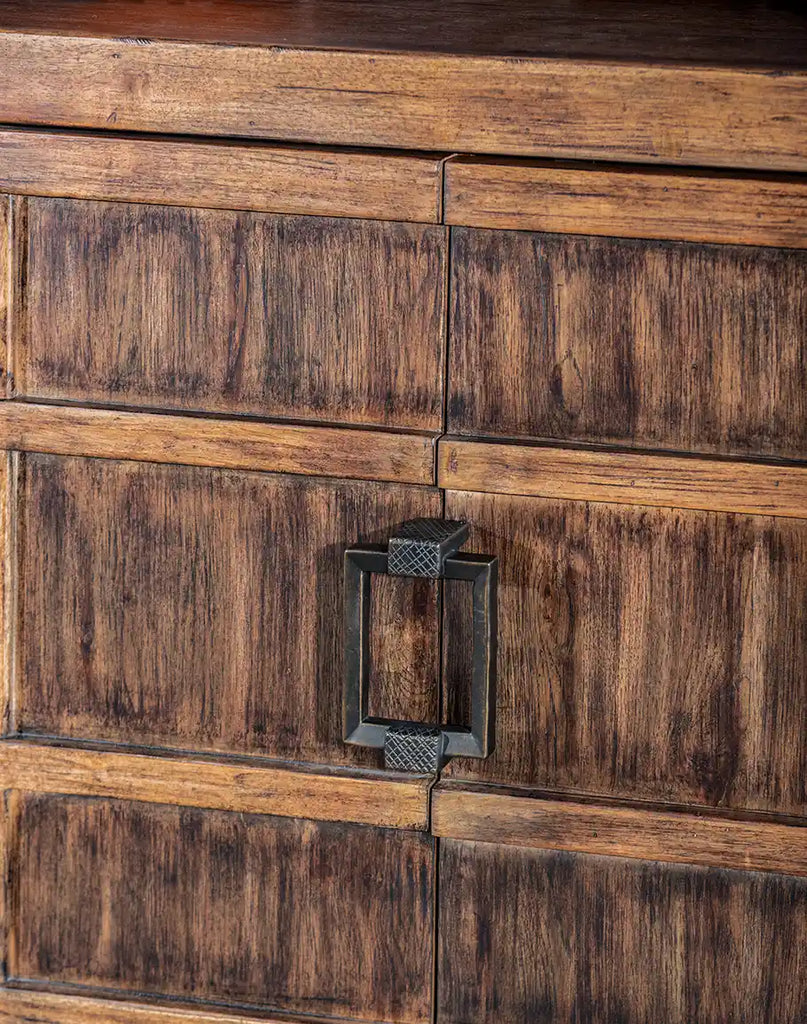 A close-up of the rustic hickory wood on the Amarillo Buffet, showcasing its natural patterns and warm, earthy tones.