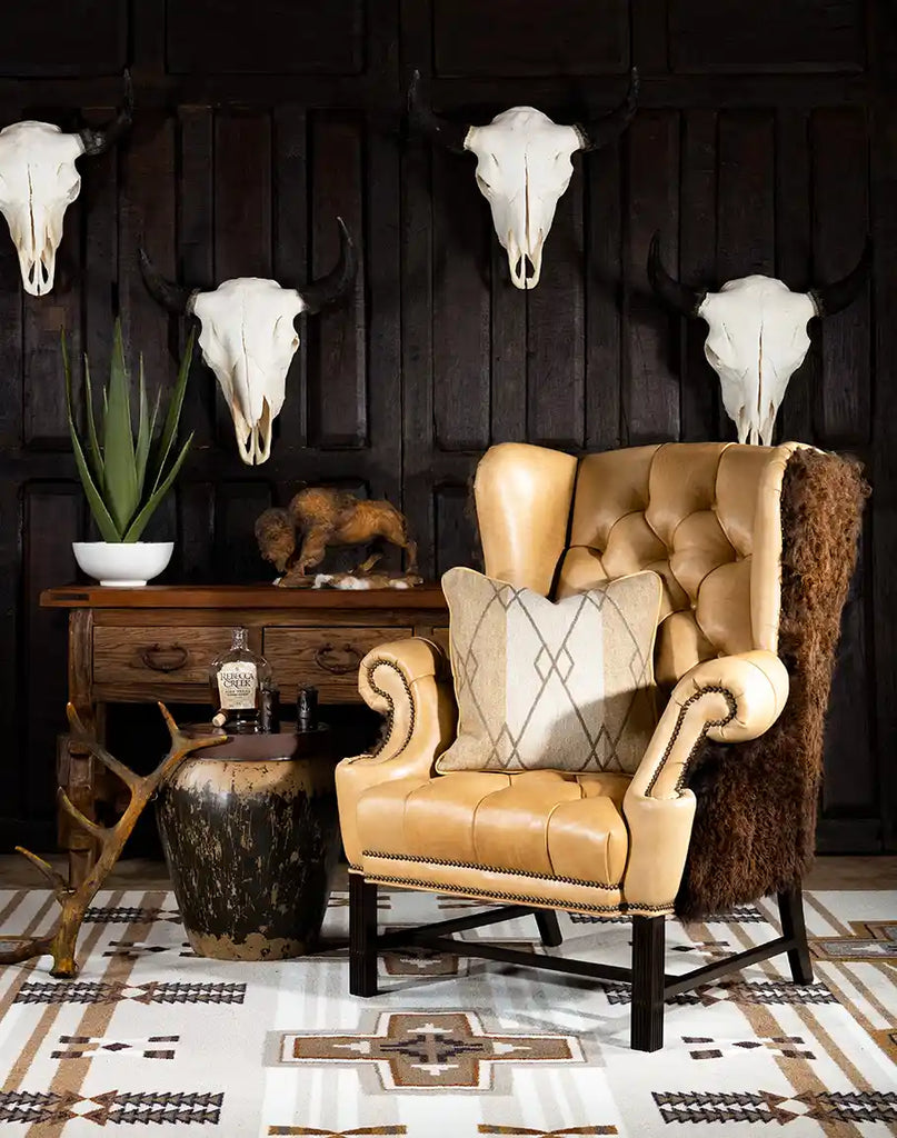 The chair styled in a cozy, western-themed living space, demonstrating its rugged elegance.