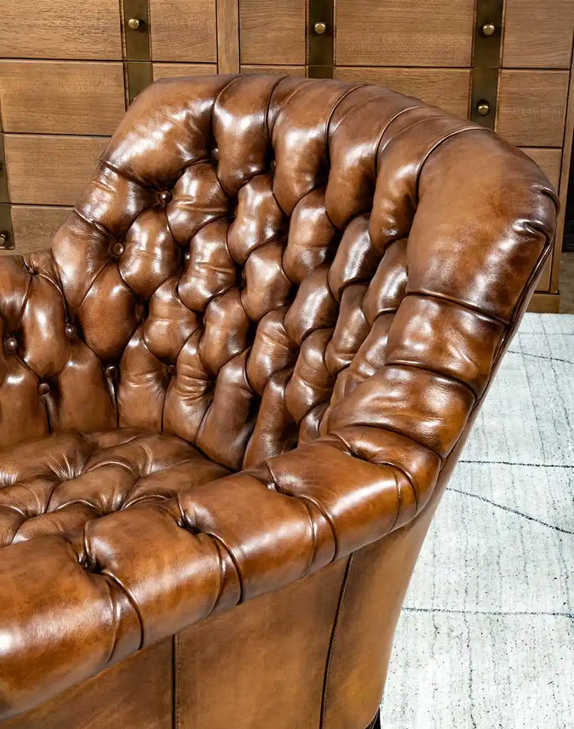 The antiqued look of the leather upholstery with a vintage vibe.