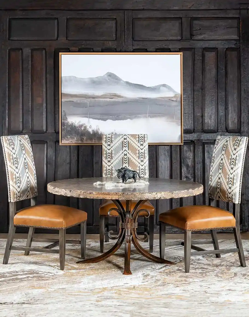 The chair placed in a rustic dining room environment, highlighting its blend of rustic appeal and modern sophistication.