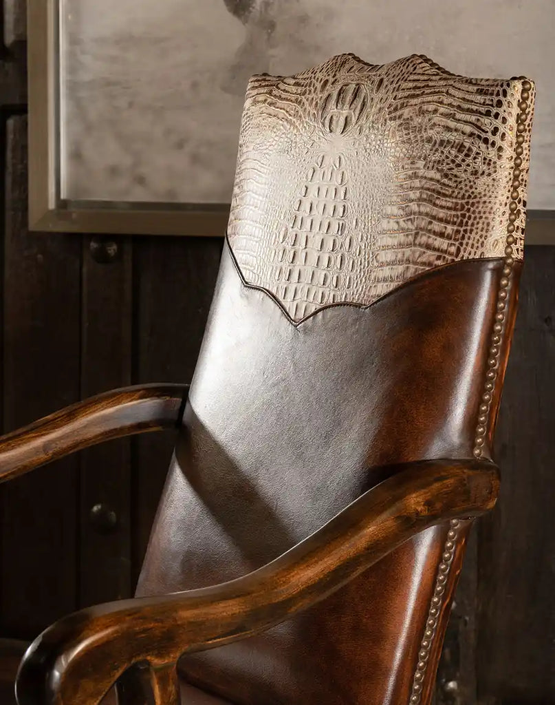 Angled view of the Arianna Office Chair displaying its distinctive rustic design and sturdy frame.