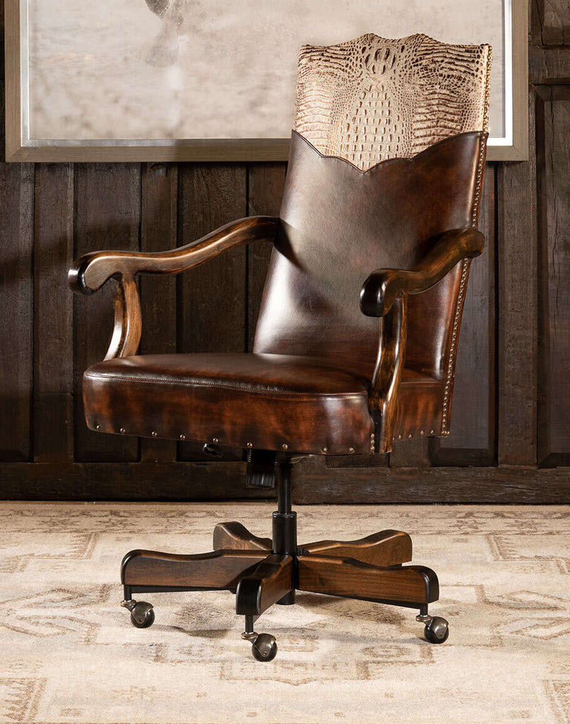 Arianna Office Chair featuring hand-antiqued brown leather and an embossed crocodile pattern yoke.