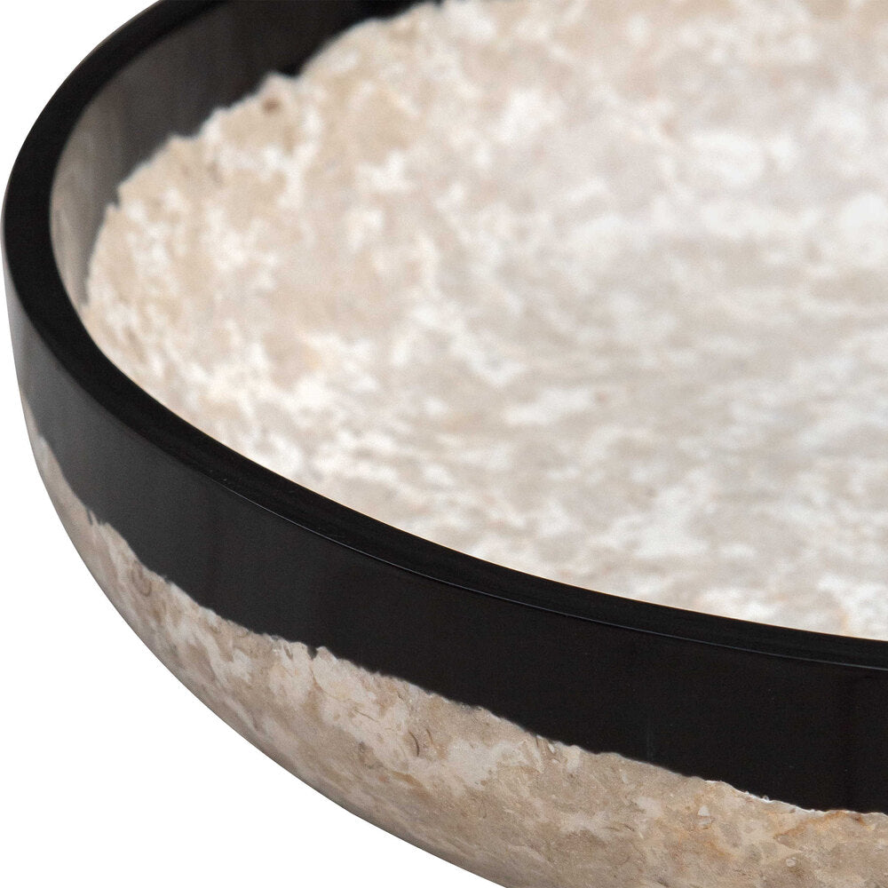 Close-up of Black Rastica Bowl showcasing its terrazzo pattern and black resin edge.