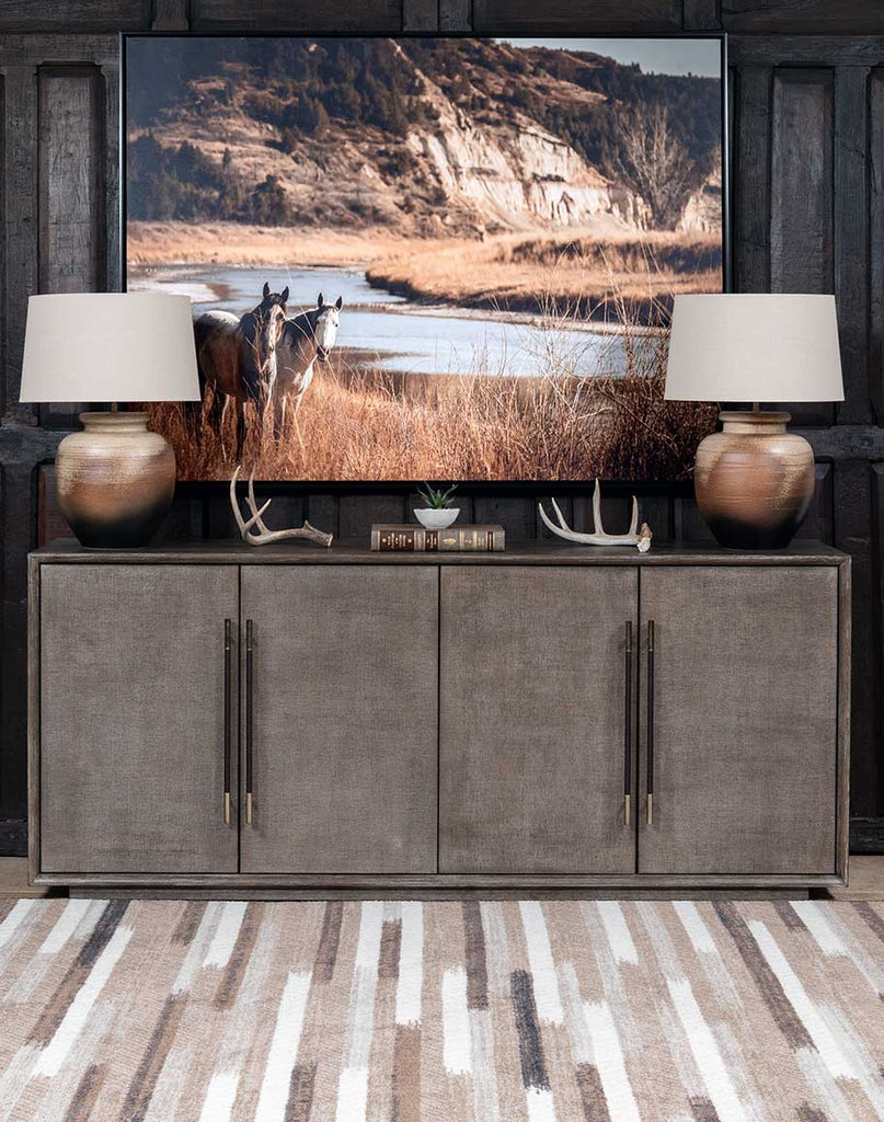 The Ashton Media Console styled in a modern living room, paired with contemporary decor for a sophisticated aesthetic.