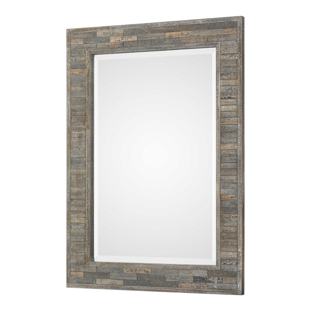 Side view of the Austin Rustic Mirror showcasing its unique pine wood frame and beveled glass.