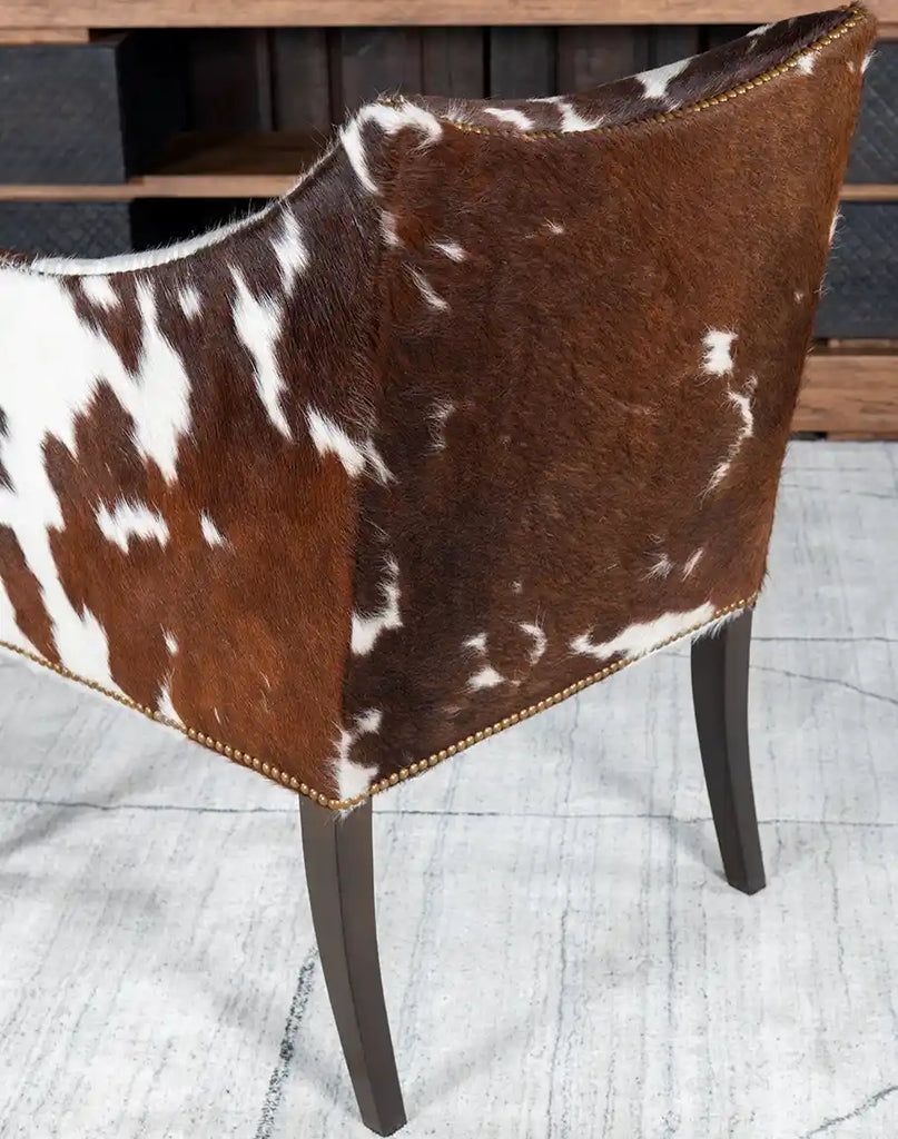 A back view of the Ebony Cowhide Chair featuring premium brindle cowhide upholstery and expert craftsmanship.