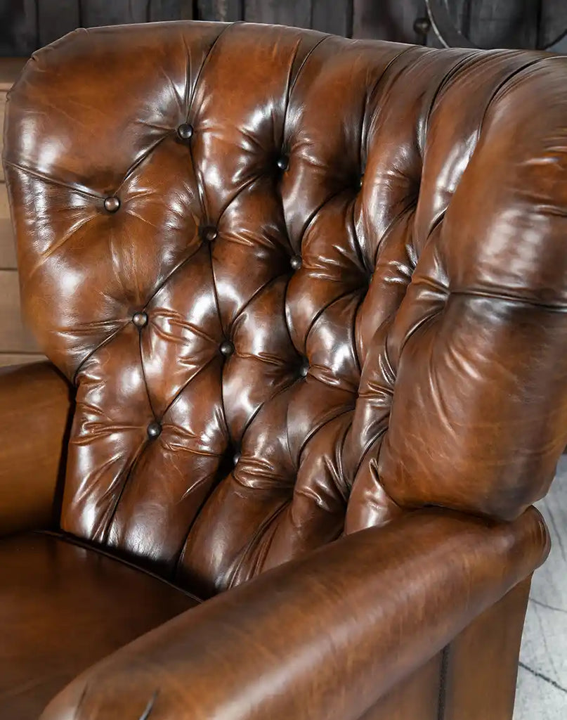 A close-up of the Cameron Leather Recliner’s backrest, highlighting its plush cushioning and fine craftsmanship.