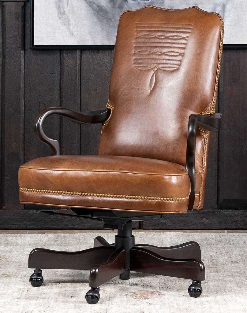 Baileys Boot Stitch Office Chair showcasing its luxurious full-grain leather upholstery and intricate boot-stitch detailing.