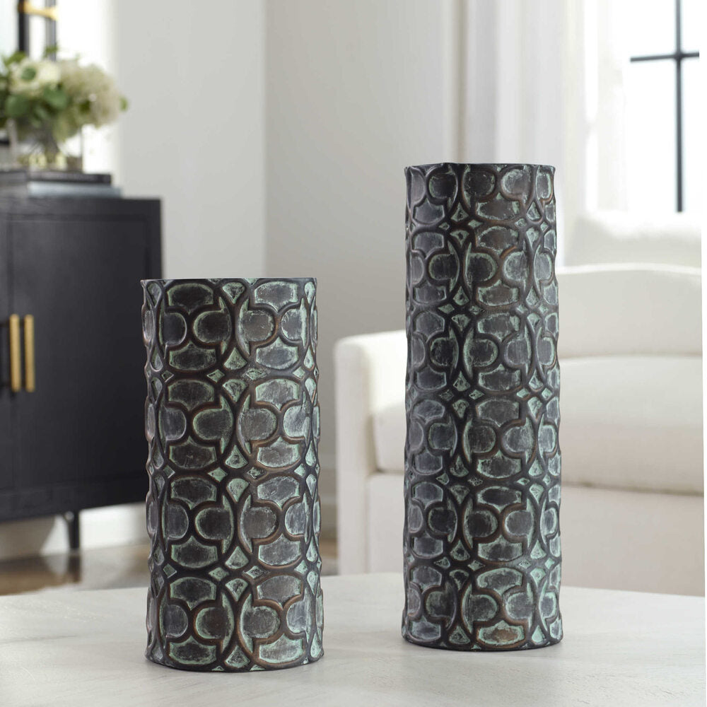 Decorative Baltra ceramic vases with intricate raised patterns, ideal for rustic and contemporary home styling.