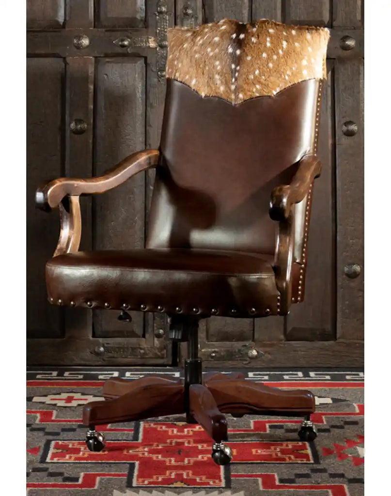 Bowie Axis Dark Brown Desk Chair featuring supple pull-up leather and a hand-stitched Axis Deer Hide yoke.