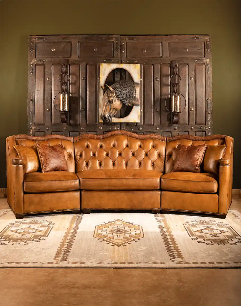 Full layout of the Brandon Tufted Leather Sofa as a three-piece sectional, ideal for spacious living areas.