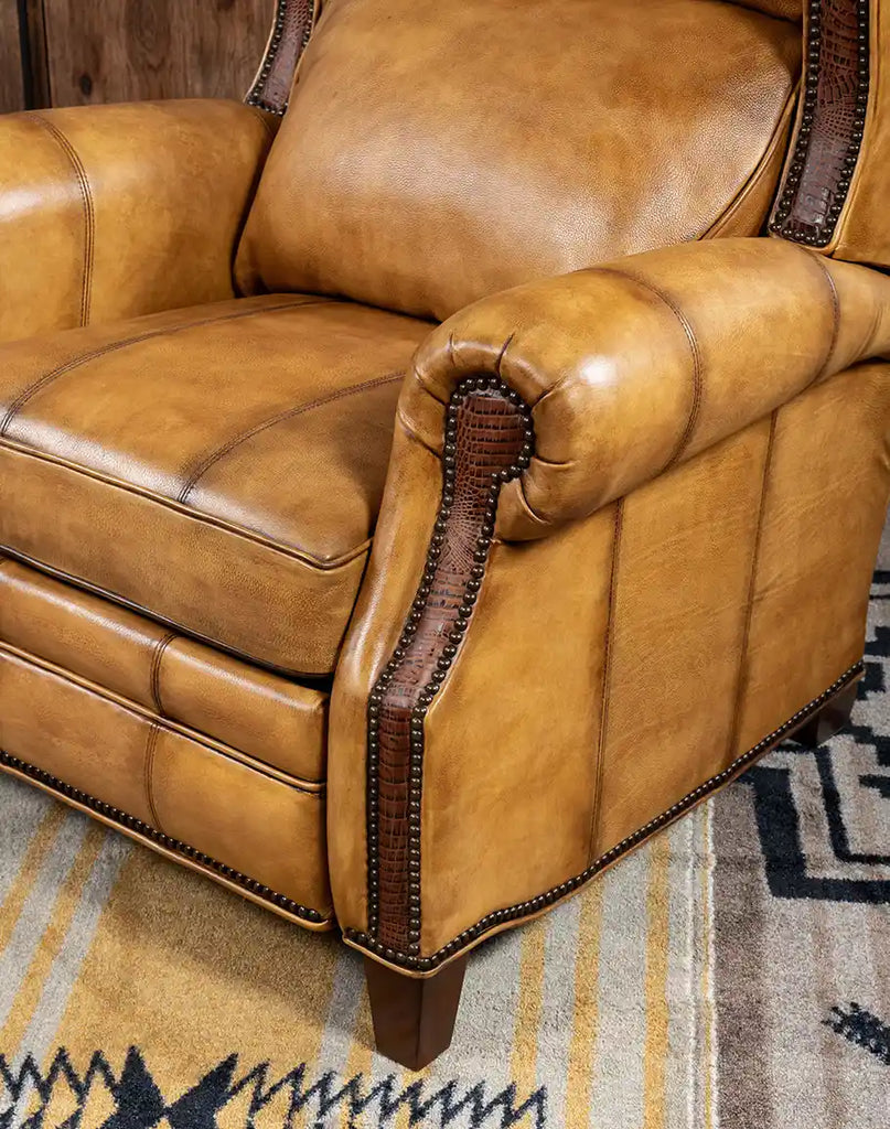 Detailed shot of the hardwood frame and legs on the Bravo Westworth Recliner, showcasing its sturdy construction.