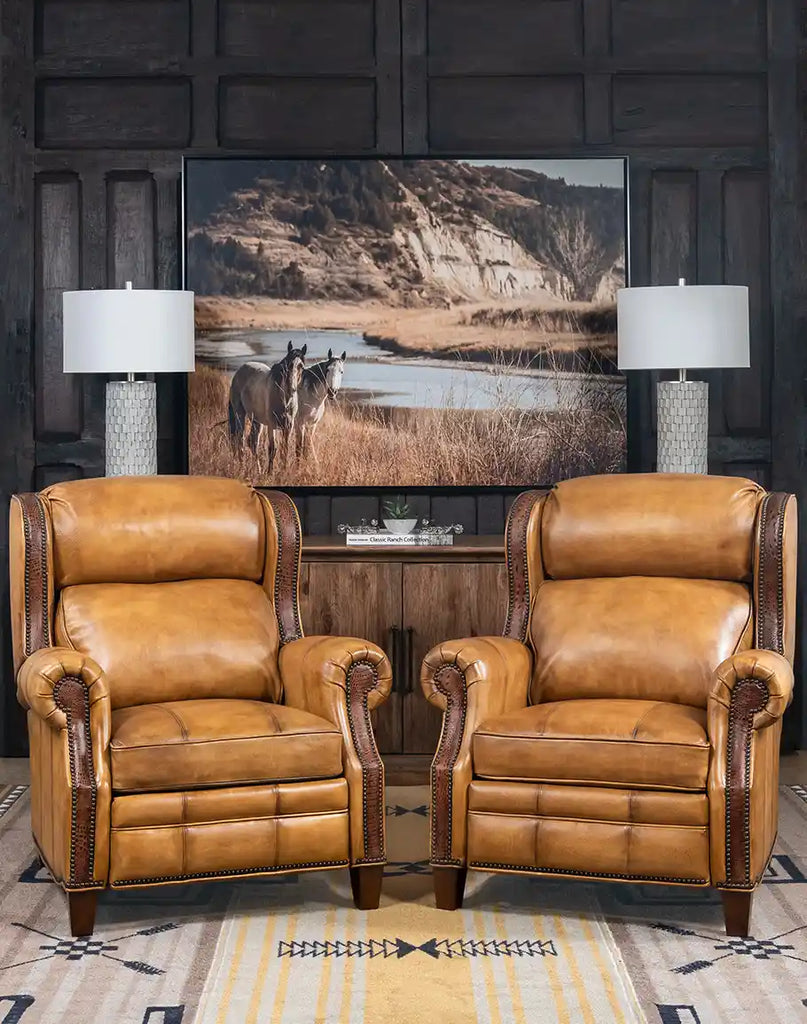 The Bravo Westworth Recliner styled in a rustic-themed living room, complementing the Western-inspired decor.