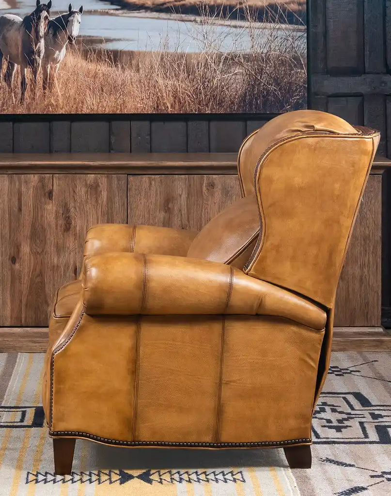 Side view of the Bravo Westworth Recliner, emphasizing its smooth reclining mechanism and durable hardwood frame.