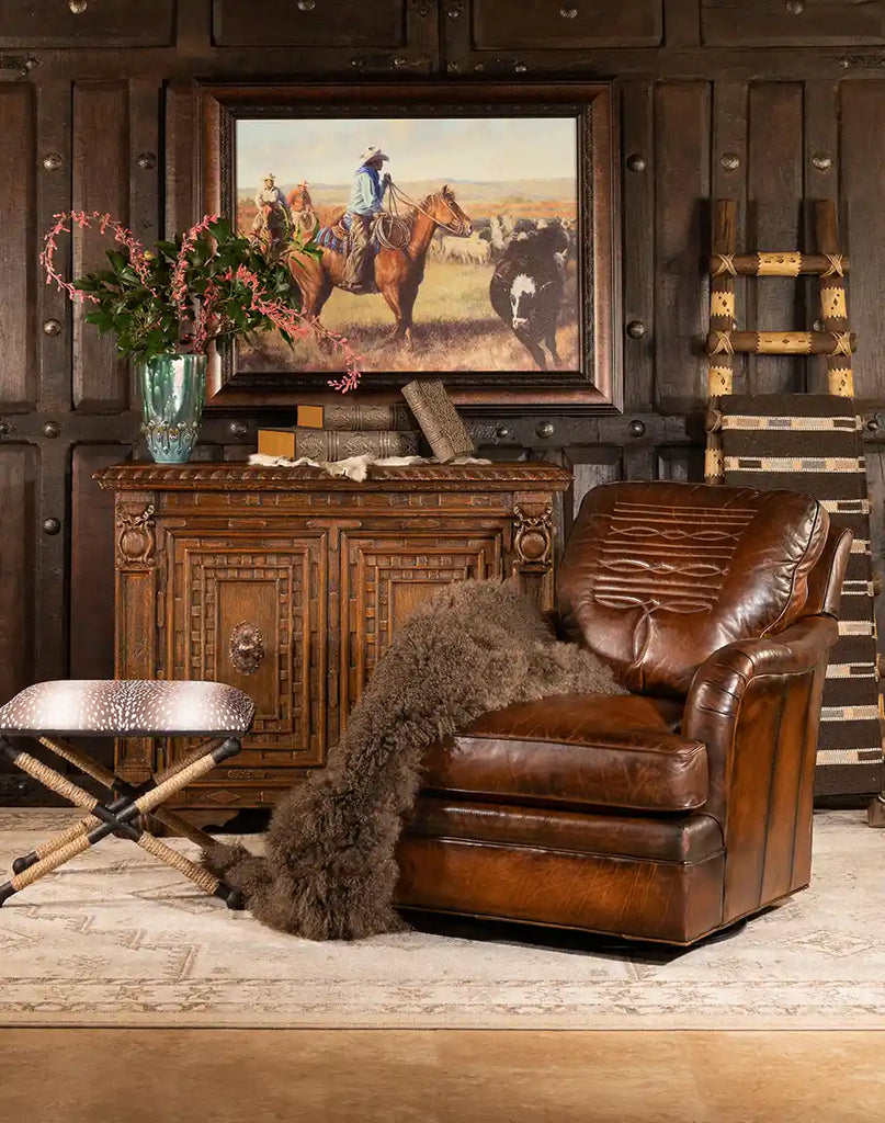 Brono Swivel Glider Chair styled in a Western-themed living room, perfect for comfort and elegance.