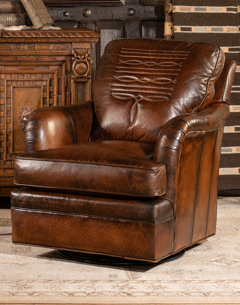 Front view of the Brono Swivel Glider Chair showcasing its hand-burnished leather and rustic design.