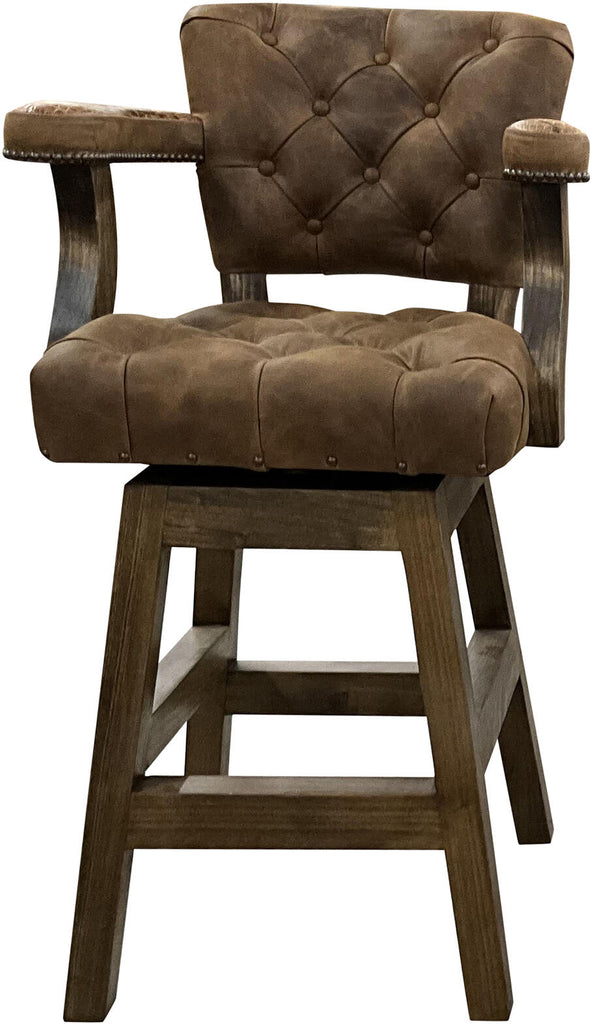 Front view of the Brown Apachean Barstool, showcasing its rich Cora Sierra leather upholstery and tufted inback design.