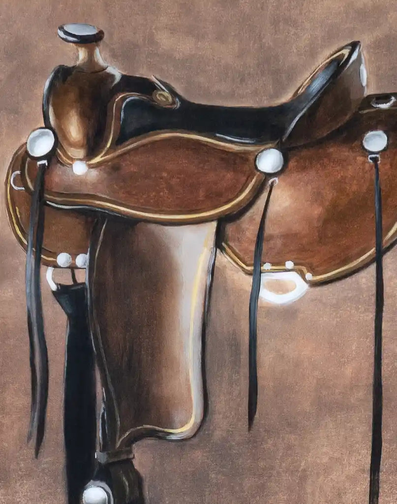 A close-up of the Brown Horse Saddle Framed Print, highlighting the intricate details of the western saddle and the rich texture of the variegated neutral background.