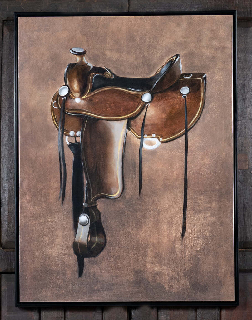 Brown Horse Saddle Framed Print, showcasing a detailed western saddle on a variegated neutral background, encased in a sleek black frame with a matte finish.