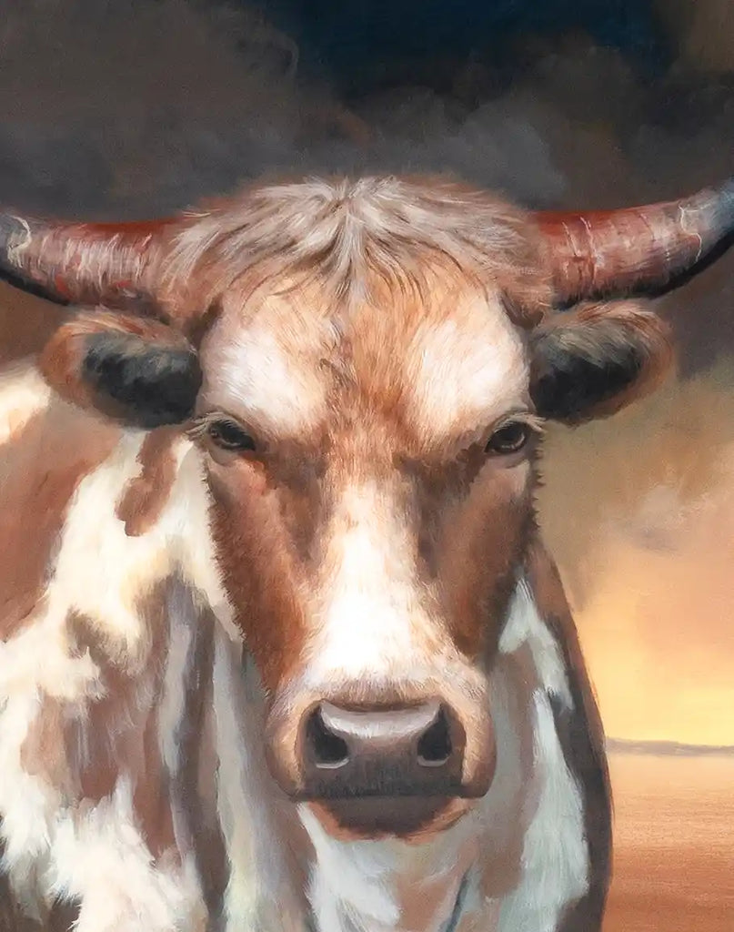 A close-up of the Bull of Valor Portrait framed art, showcasing the intricate details of the bull's features and the fine craftsmanship of the artwork.