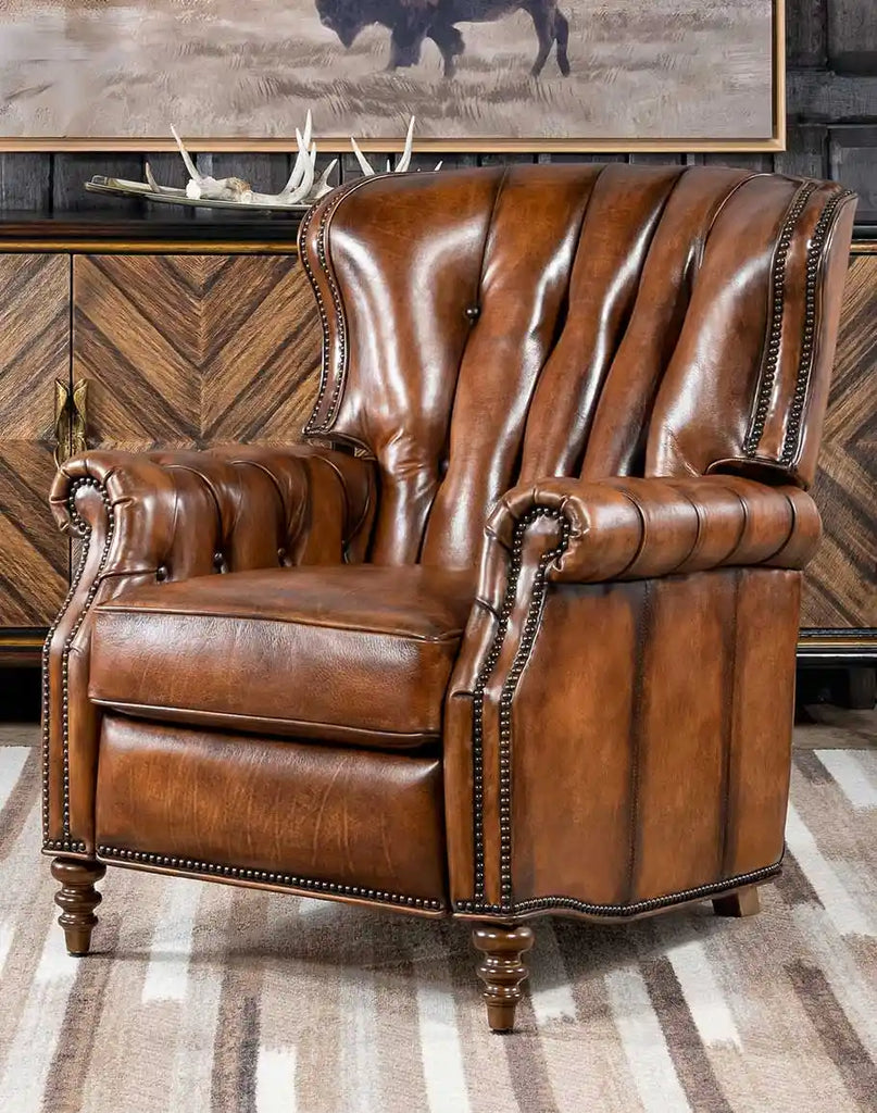 Front-facing view of the Byron Leather Recliner, highlighting its full-grain leather upholstery and sleek silhouette.