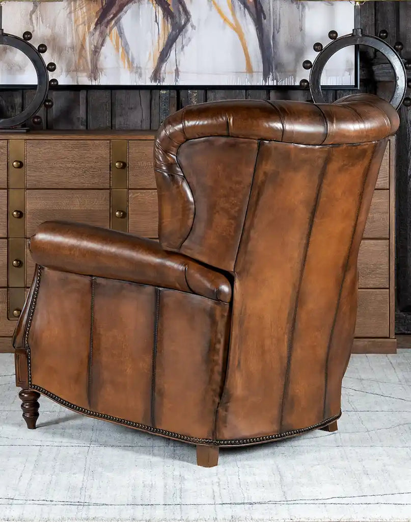 Back view of the Cameron Leather Recliner displaying its seamless craftsmanship and durable construction.