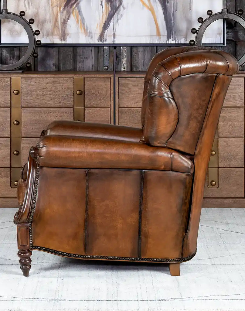 Side profile of the Cameron Leather Recliner highlighting its sleek design and solid hardwood frame.