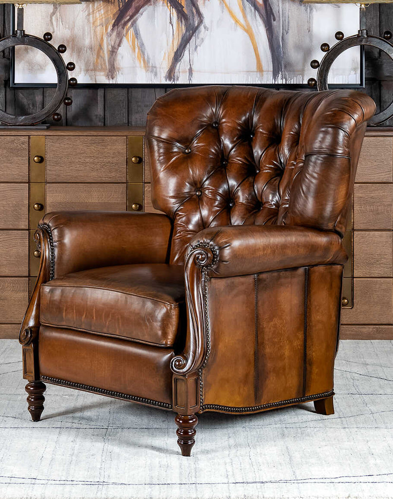 Front view of the Cameron Leather Recliner showcasing luxurious hand-burnished leather and exquisite studding.