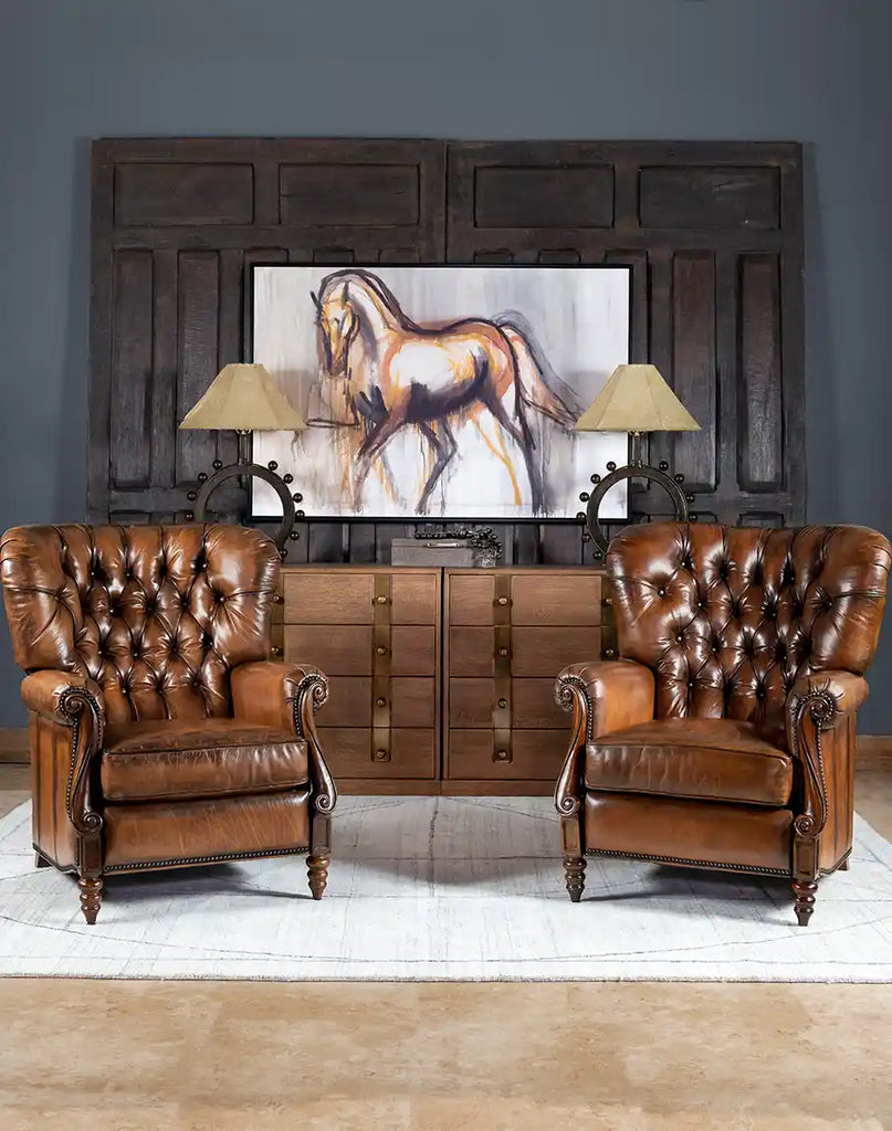 The Cameron Leather Recliner in a rustic Western-themed living room with warm tones and leather furnishings.