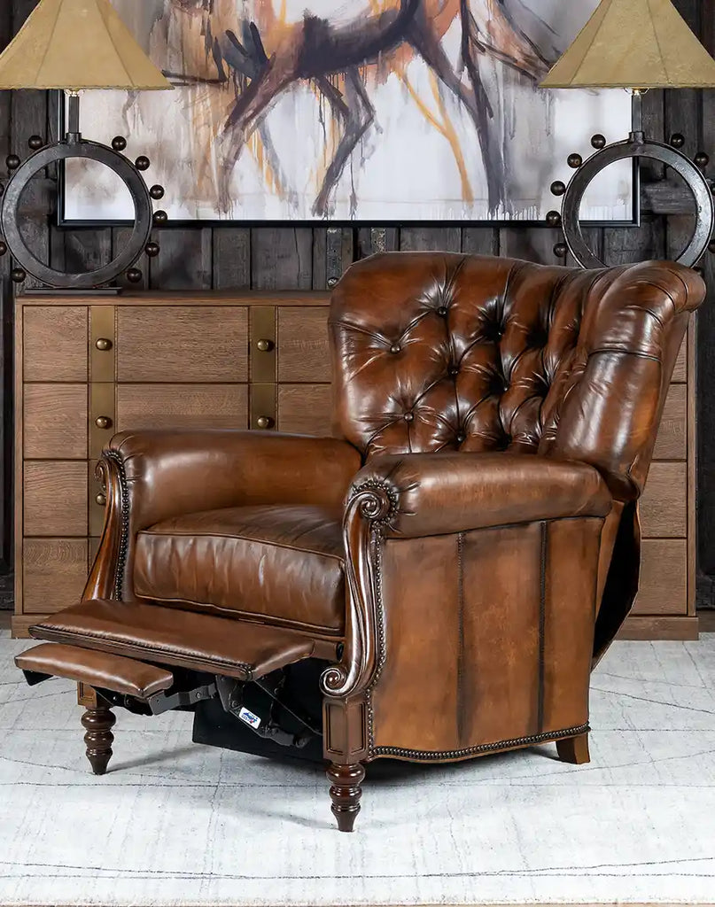 Cameron Leather Recliner in a fully reclined position, demonstrating its ultimate comfort.