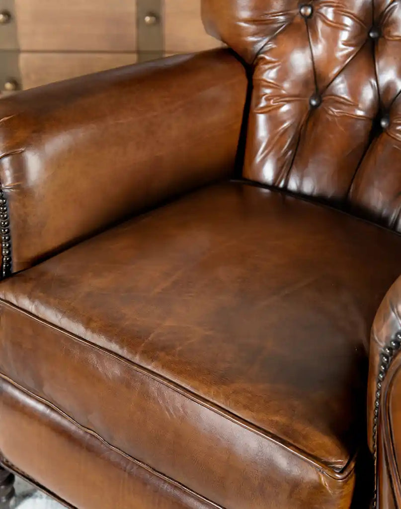 Plush seat of the Cameron Leather Recliner designed for unparalleled comfort and style.