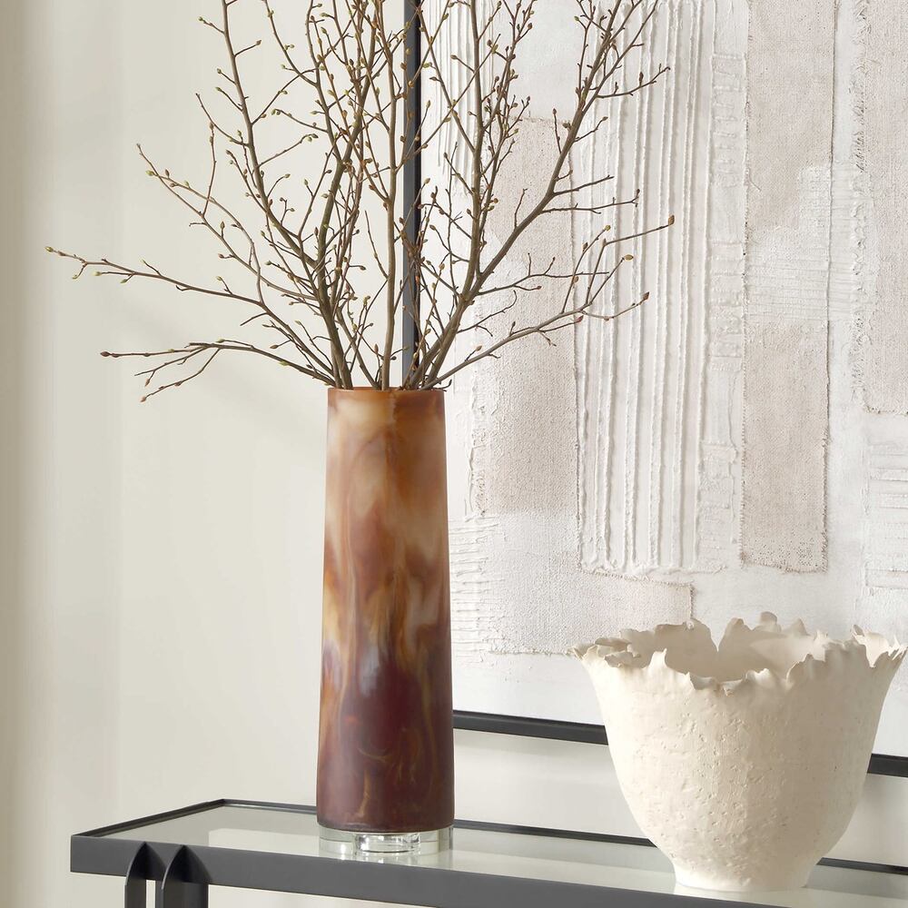 Elegant glass vase with rich caramel hues, swirled patterns, and a crystal base, bringing warmth and sophistication to your space.