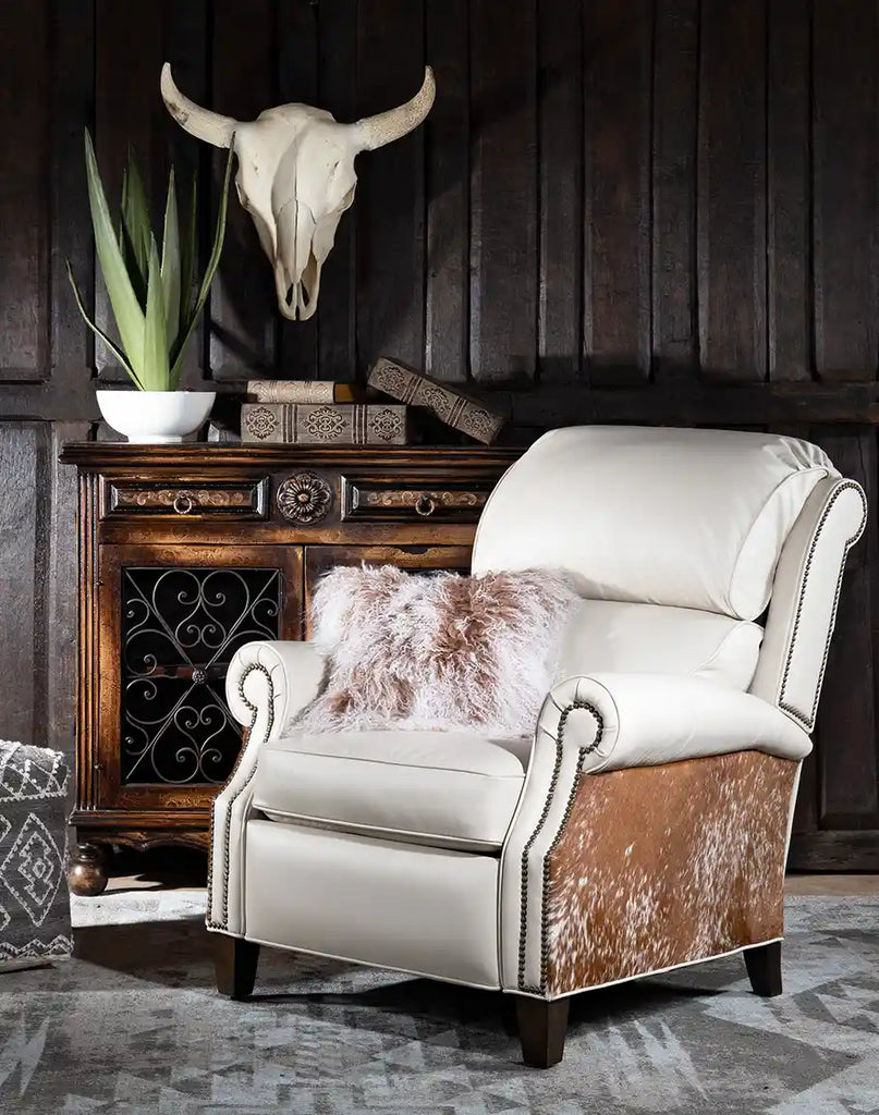 The Carlton Leather Recliner placed in a stylish living room setting, enhancing the overall decor with its neutral tones.