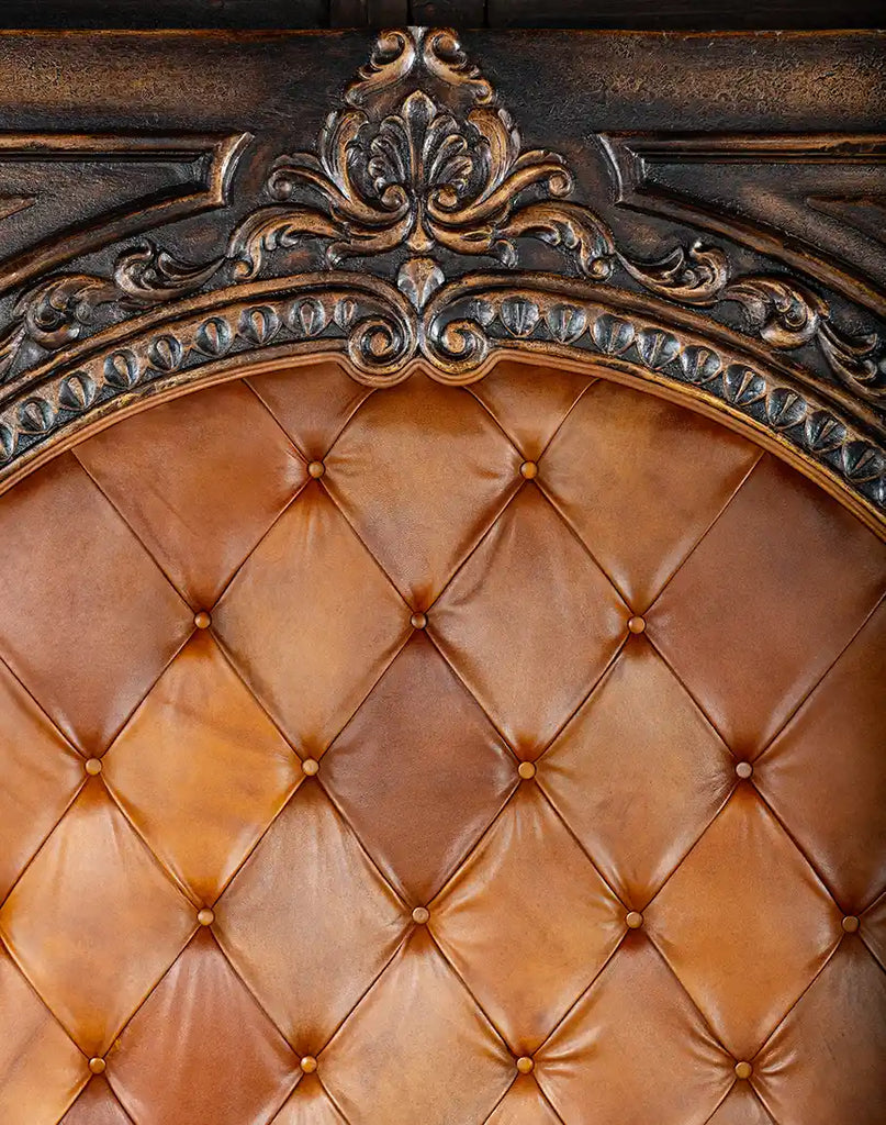 Close-up image showcasing artistic details on the headboard of the Carolina Bed, enhancing its luxurious appeal.