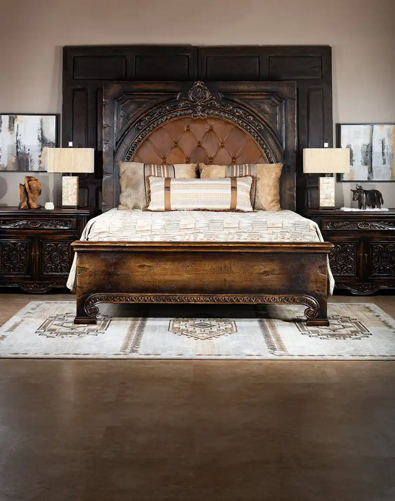 The Carolina Bed elegantly placed in a styled bedroom, enhancing the room's sophistication.