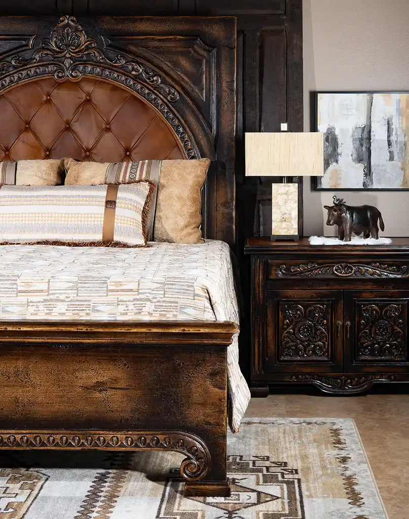 Side profile of the Carolina Bed highlighting its sturdy structure and rich Mohena wood tones.