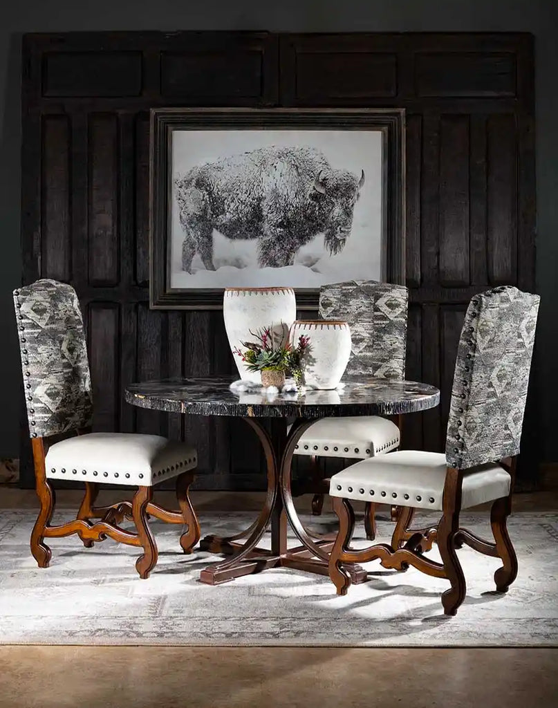 The chair placed in a modern rustic-style dining room, highlighting its cohesive and inviting aesthetic.