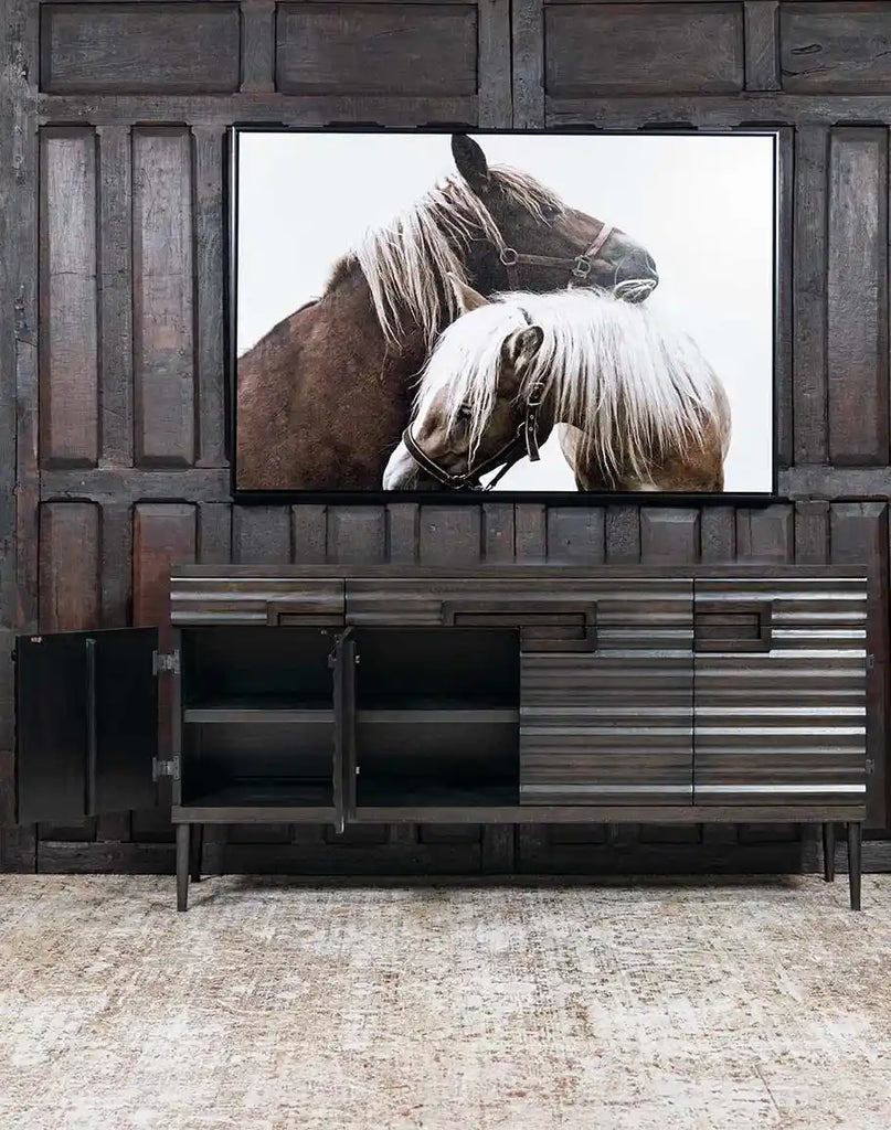 Interior view of the Charcoal Cascade Buffet, with drawers and cabinets open to show its ample storage capacity.