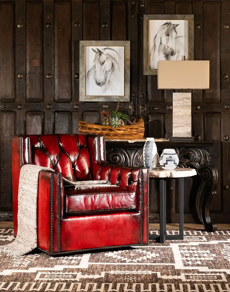 The Cherry Red Swivel Chair displayed in a cozy living room setting.