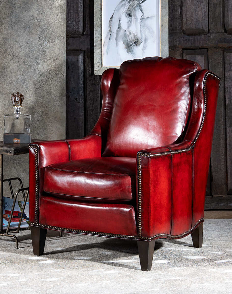 Cherry Wine Leather Chair showcasing its rich hand-burnished red leather and plush pillow back for ultimate comfort.