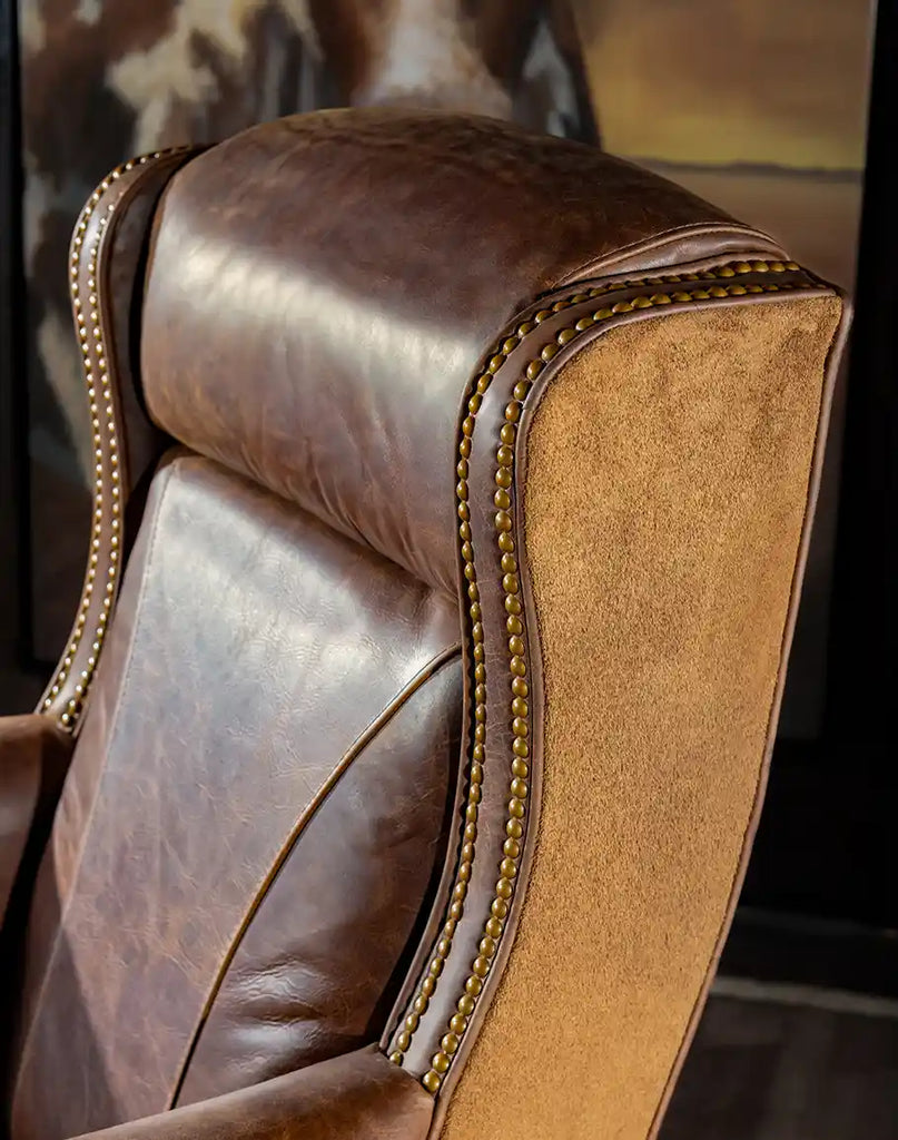 Detailed view of the leather suede side panel on the Chestnut Brown True Grit Executive Desk Chair adding texture and elegance.