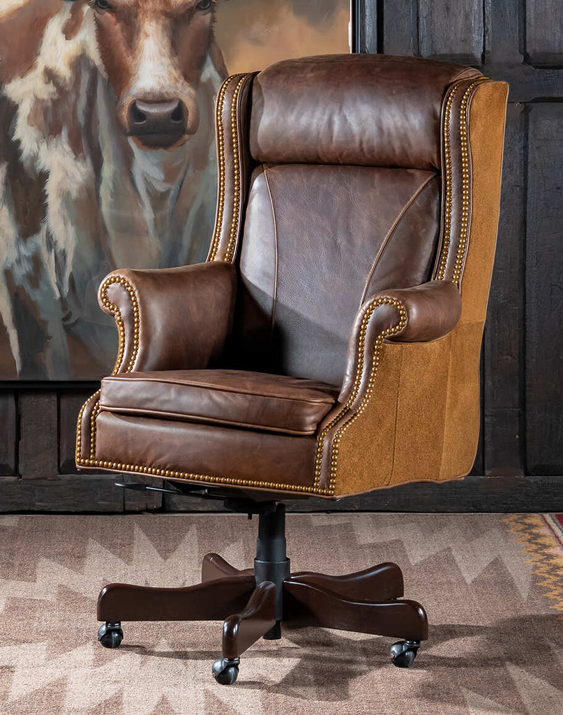 Chestnut Brown True Grit Executive Desk Chair showcasing full-grain brown leather upholstery and classic wingback design.