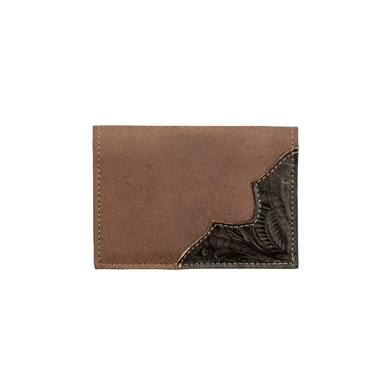 brown leather passport holder with dark brown tooled leather on corner