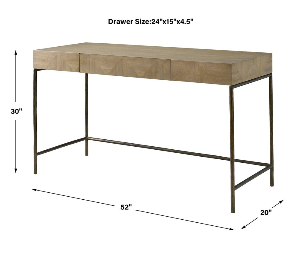 Bright primavera wood desk with antique gold finish cast iron legs and a functional storage drawer.