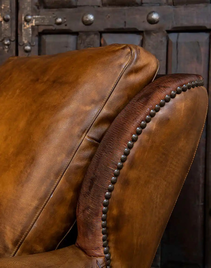 Detailed close-up of the whip-stitched arms on the Farmhouse Ranch Chair, highlighting its artisanal craftsmanship and rustic charm.